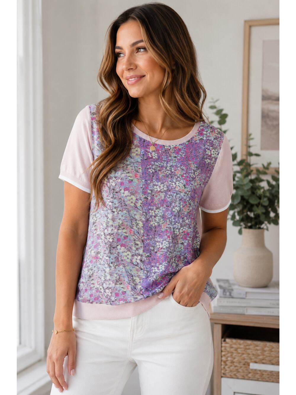 Hinge Floral Mixed Media Short Sleeve Sweater Top – Size XS